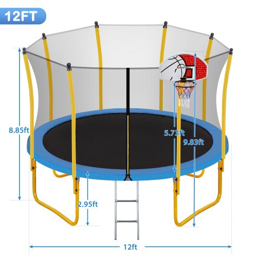 12FT Trampoline for Kids with Safety Enclosure Net Basketball Hoop - Wickedways
